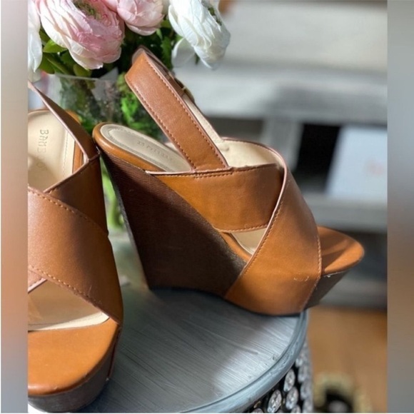 - “DAFF” COGNAC BAMBOO PLATFORM WEDGES OPEN TOE ANKLE STRAP WITH BUCKLE STRAPS 7 - Picture 3 of 9